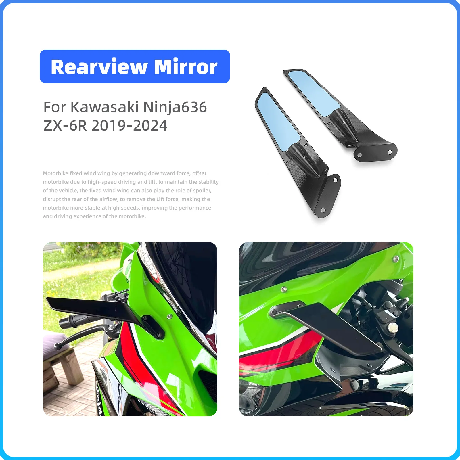 Motorcycle Mirror Blue Anti-glare Wind Wing Rotating Rearview Mirror Kit For Kawasaki NINJA 636 ZX-6R ZX 6R ZX6R 2019-2024 New