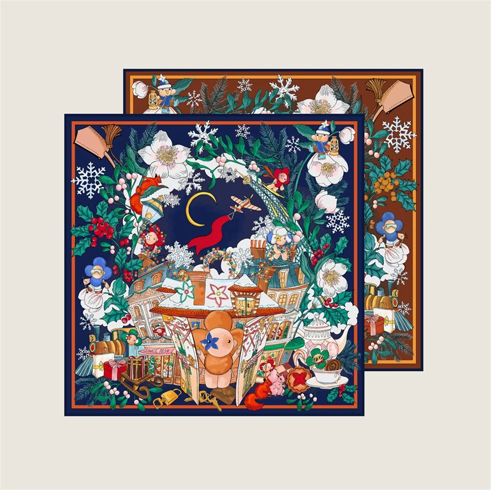 

POBING Twill Silk Scarf Women Double Printed Luxury Square Scarves Wraps Curled Echarpes Lady Foulards Femme Hijabs 90CM
