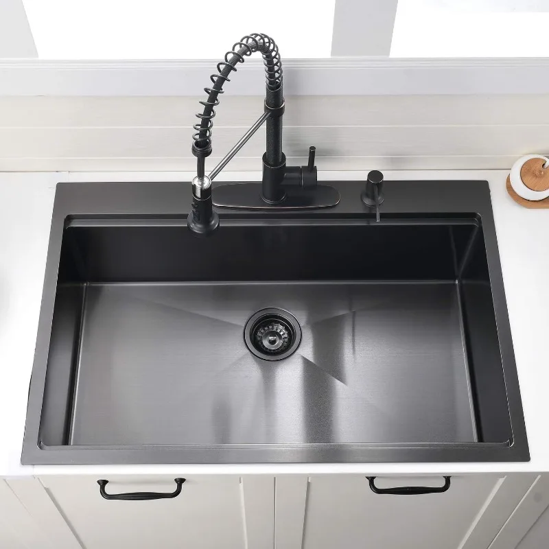 33x22-Inch Gunmetal Black Drop In Kitchen Sink Workstation - VOKIM 33 Inch Single Bowl Kitchen Sink 16 Gauge Stainless Steel