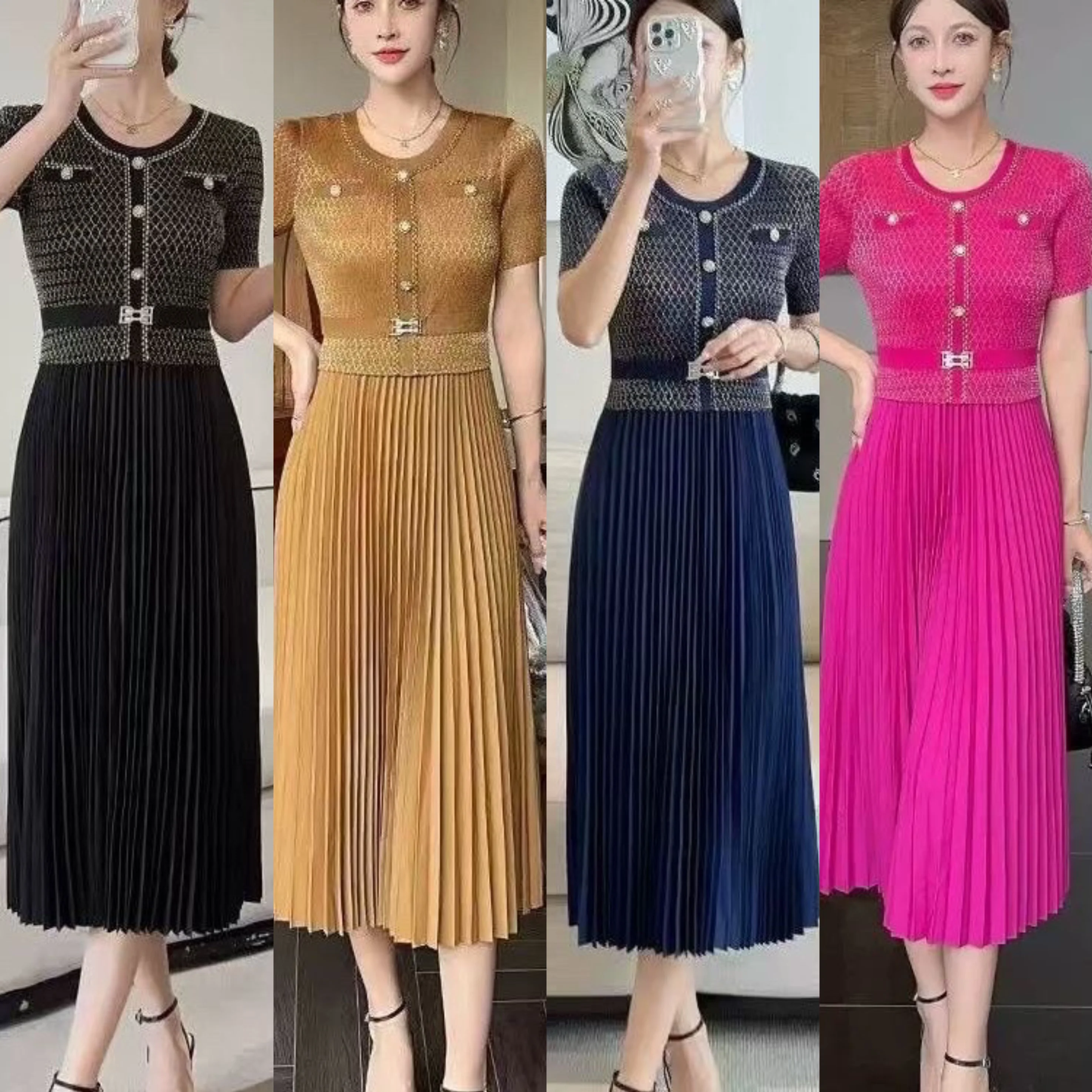 

Новая летняя юбка миди А-силуэта с высокой талией, плиссированная, с круглым вырезом, на одной пуговице, модель 2025 года, для стройного силуэта, в стиле New Fashion, с элементами кэжуал и сэвэ