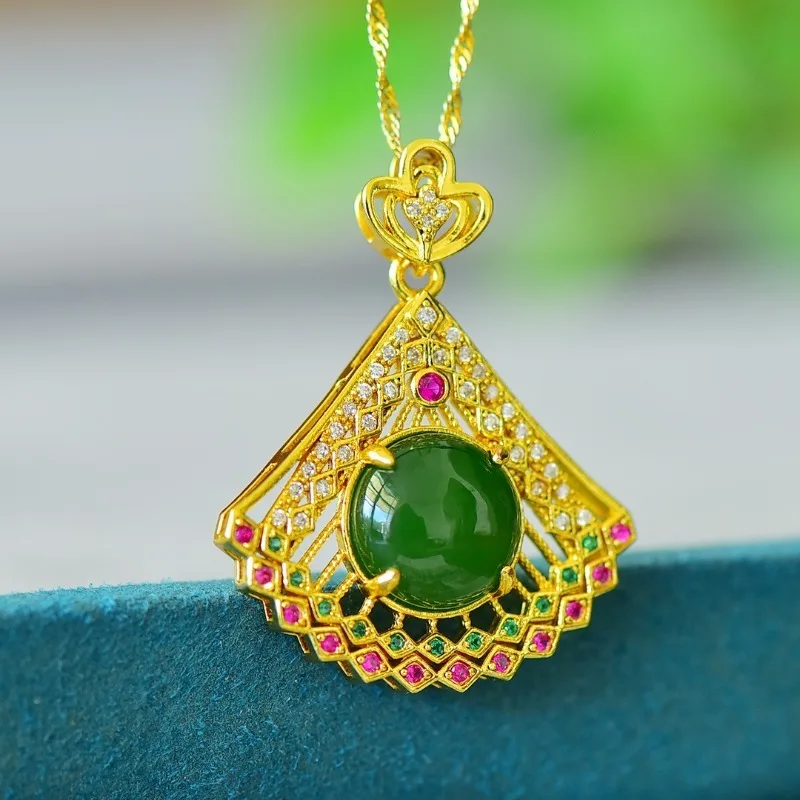 Copper Inlaid Hetian Jade Jasper Duobao Jade Fan Fashion Pendant Niche Light Luxury Women's Models