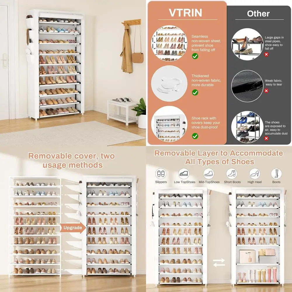 

10-Tier Shoe Organizer with Cover, Holds 50-55 Pairs, Ideal for Closet, Entryway, Garage - White