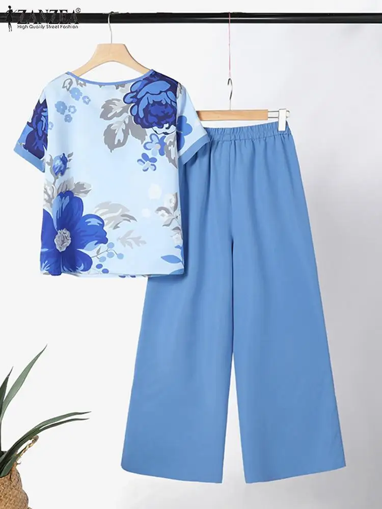 ZANZEA Fashion Womens Summer Short Sleeve Floral Blouse Wide Leg Pants Sets Bohemian Outifits Holiday Tracksuit Two Piece Sets