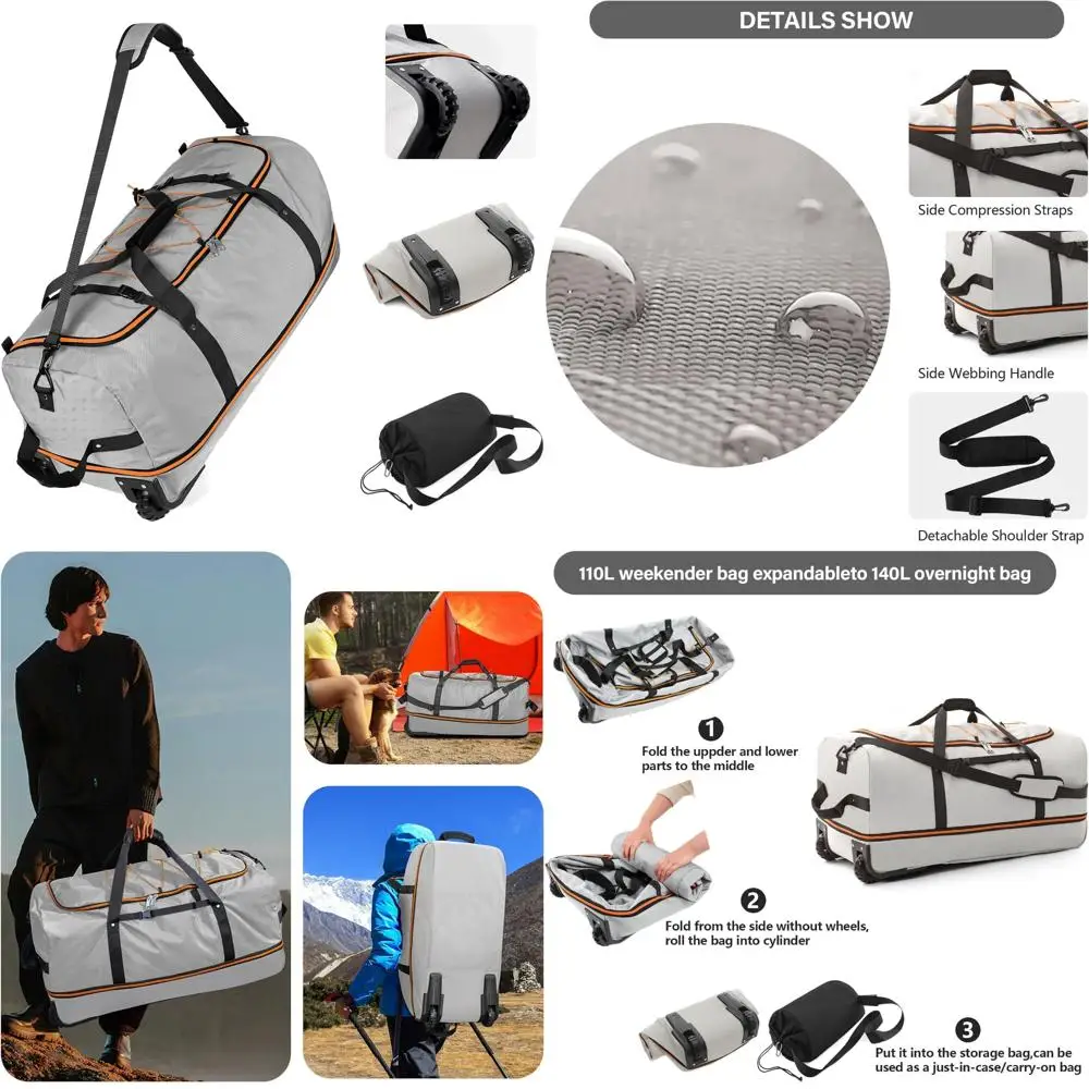 

Расширяемая мягкая складная спортивная сумка на колесиках объемом 110–140 л с несколькими карманами и 2 колесами, идеально подходит для путешествий и хранения.