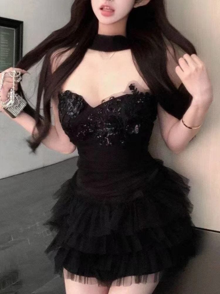 

French Vintage Little Black Dress 2025 New Fashion Bow Design Slim Fit Elegant A-Line Dress Sweet Style Pleated Gothic Clothing