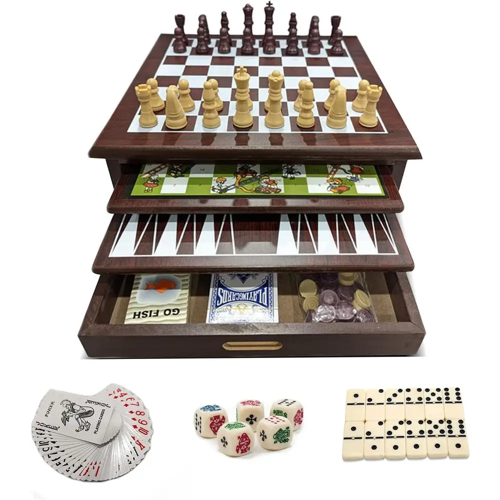 

Bundo 15-in-1 Tabletop Game Center - Portable Wooden Combo Game Board - Unique Set with Dice, Dominos, s & Game Pieces - or Kids