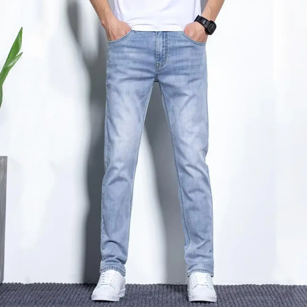 Waist Button Zipper Closure Jeans Stylish Men's Denim Pants Distressed Small-legged Jeans with Pockets Solid Color Splicing