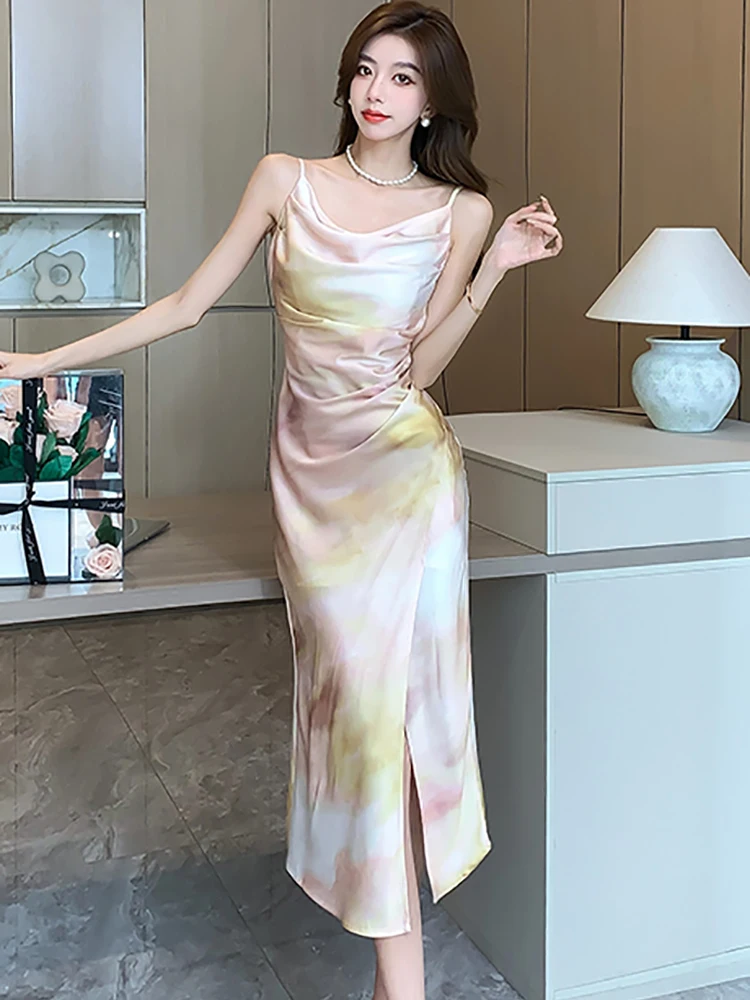 Summer Korean Fashion Elegant Chic Luxury Dress Suits 2024 Women Gradient Satin Sling Long Dress+Pink Cardigan Two Piece Suits