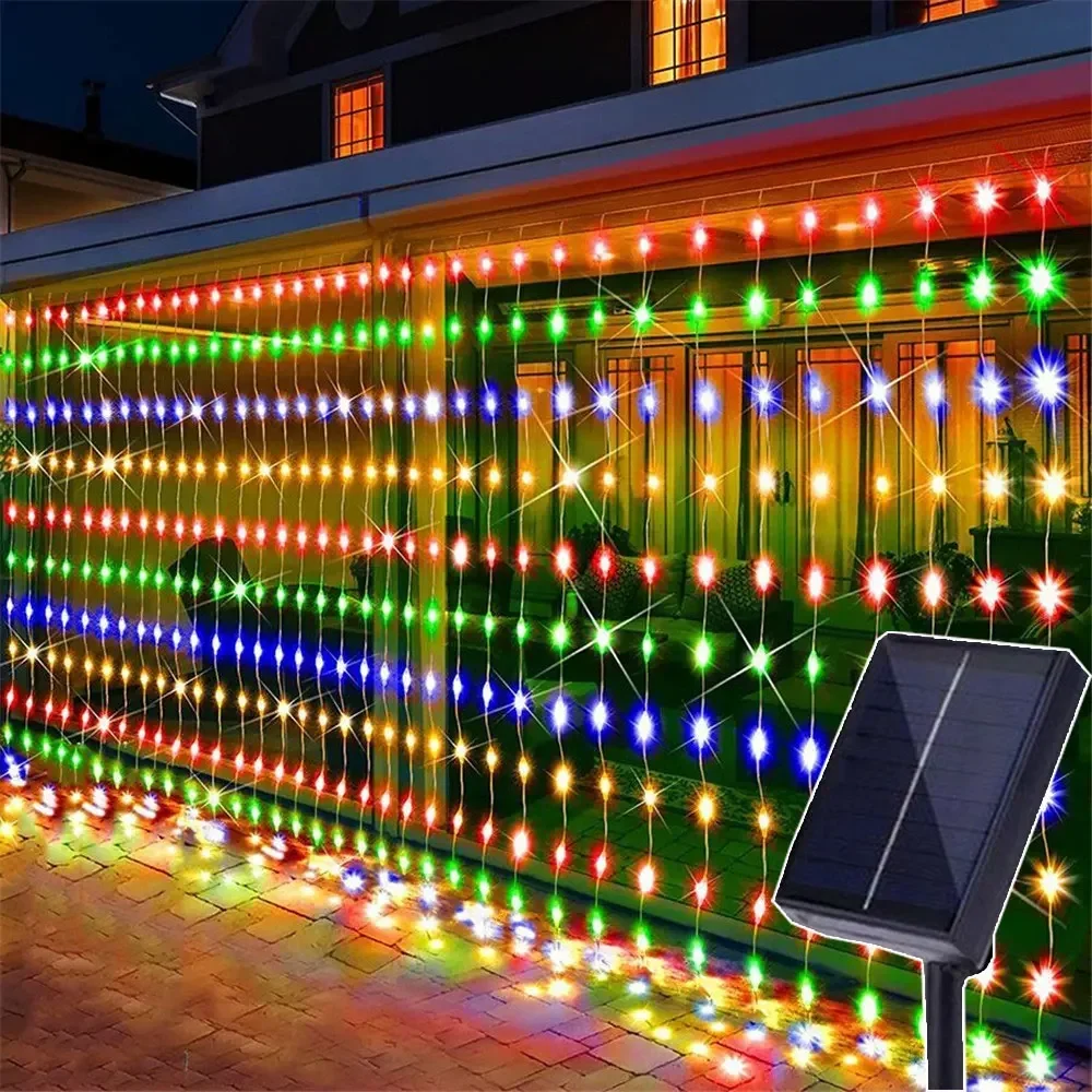 8 Modes Solar Curtain Lights LED Waterfall Light with Fairy String Lights for Outdoor Christmas Party Holiday Wedding Decoration