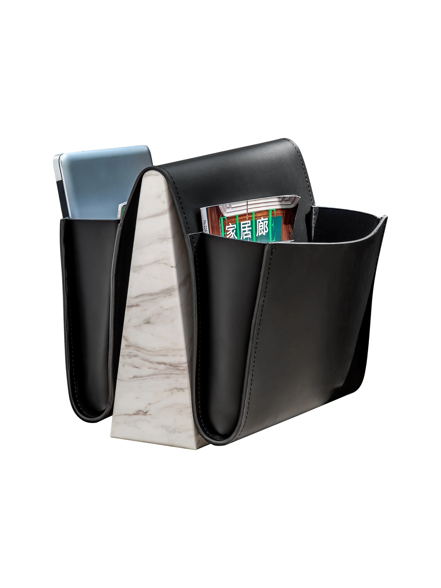 Jazz white marble saddle leather storage pocket magazine landing bookshelf