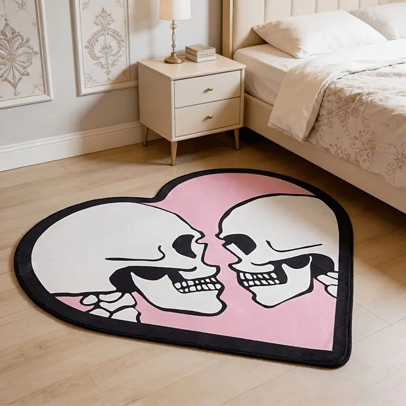 VIKAMA Gothic Couple's Skull and Heart Area Rug, Halloween Bedroom Plush Rug, Soft Non-Slip Entryway Rug, Home Decor