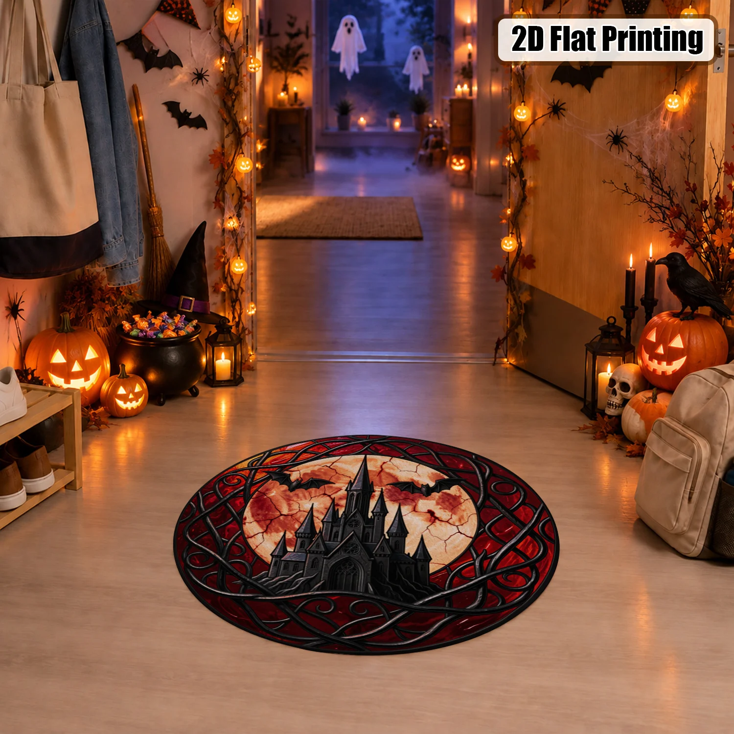 Stained Glass Vampire Castle Bat Full Moon Velvet Wall Art Machine Washable for Living Room Bedroom Porch Dining Area Halloween Thanksgiving Black Friday Christmas New Year