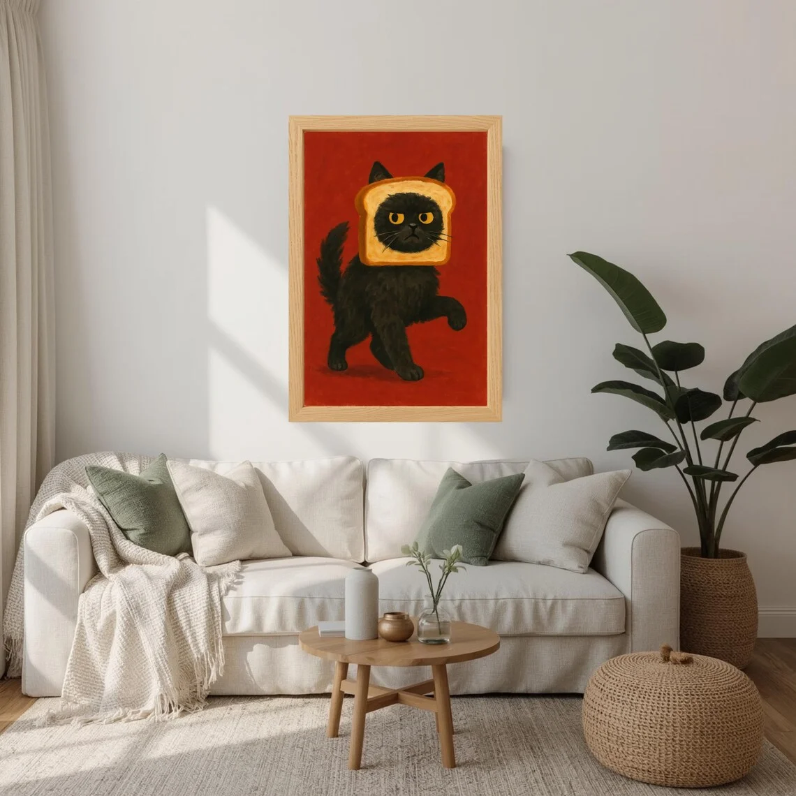 Angry Cat Bread Head Print, Funny Black Cat Wall Art, Meme Cat Poster, Toast Cat Illustration, Humorous Pet Decor, Grumpy Kitty