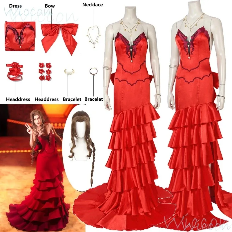 ชุดคอสเพลย์ Aerith Gainsborough จากเกม Final Fantasy VII ชุดคอสเพลย์ FF7 ชุดเดรสสีแดง ชุดยูนิฟอร์มสีน้ำตาล พร้อมวิกผมสีน้ำตาล สำหรับงานปาร์ตี้ฮาโลวีน สำหรับผู้หญิง