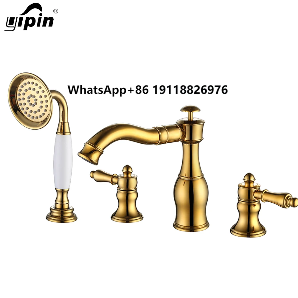 

Yipin Bathroom European Style Brass Hot Cold Faucet 4 Hole Gold Black Hand Spray Shower Bath Tub Basin Faucet