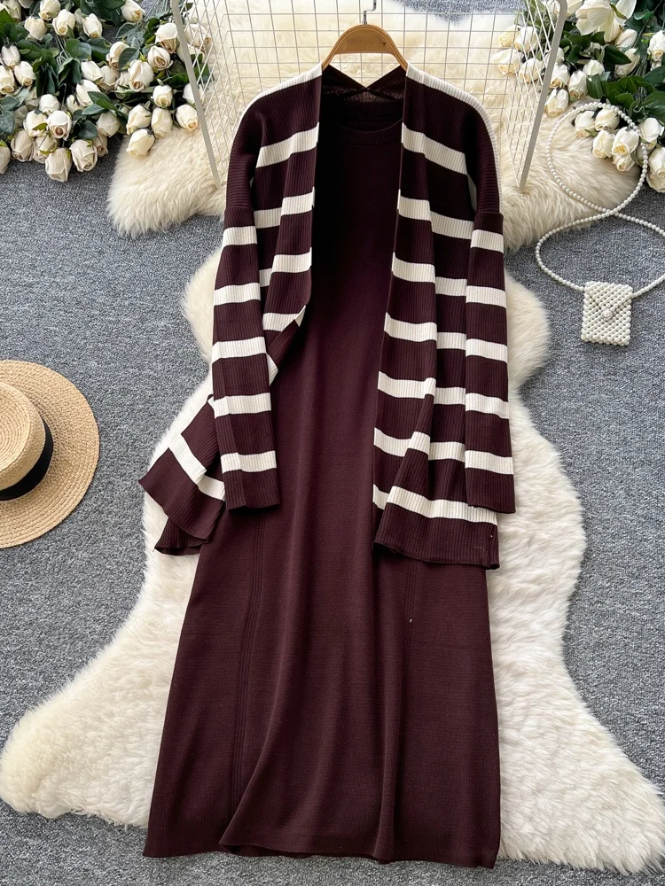 Casual los gebreide Dr en Jaet-set voor dames Svel Long Sve rond Ne Streeppatroon Herfst Winter Faion En...