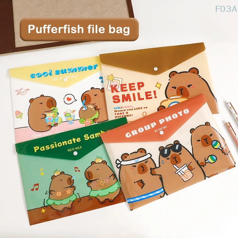 4Pcs Cartoon Capybara File Bag Waterproof Durable Test Paper Storage Bag Office Information File Bag Student Stationery Gifts