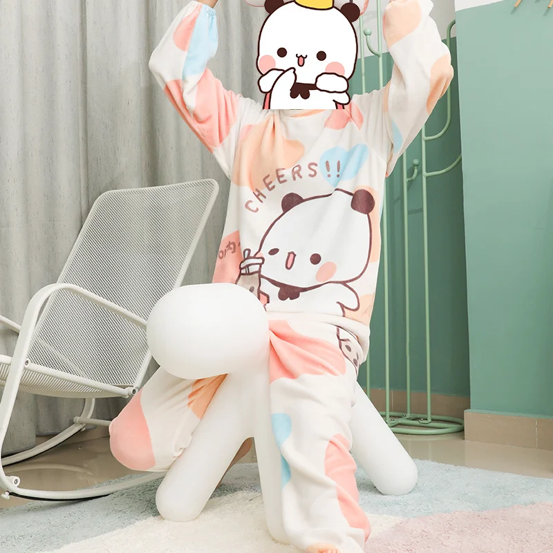 

Yier BuBu Panda Bear Pajamas Cartoon Cute Plush Thick Pajama Sets Mitao Cat Soft Warm Winter Flannel Pajamas Girl Sleepwear Suit