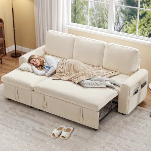 Divano letto a forma di L, divano letto estraibile da 85 pollici con chaise longue portaoggetti, divano componibile 2 in 1 con letto estraibile e 2 cuscini