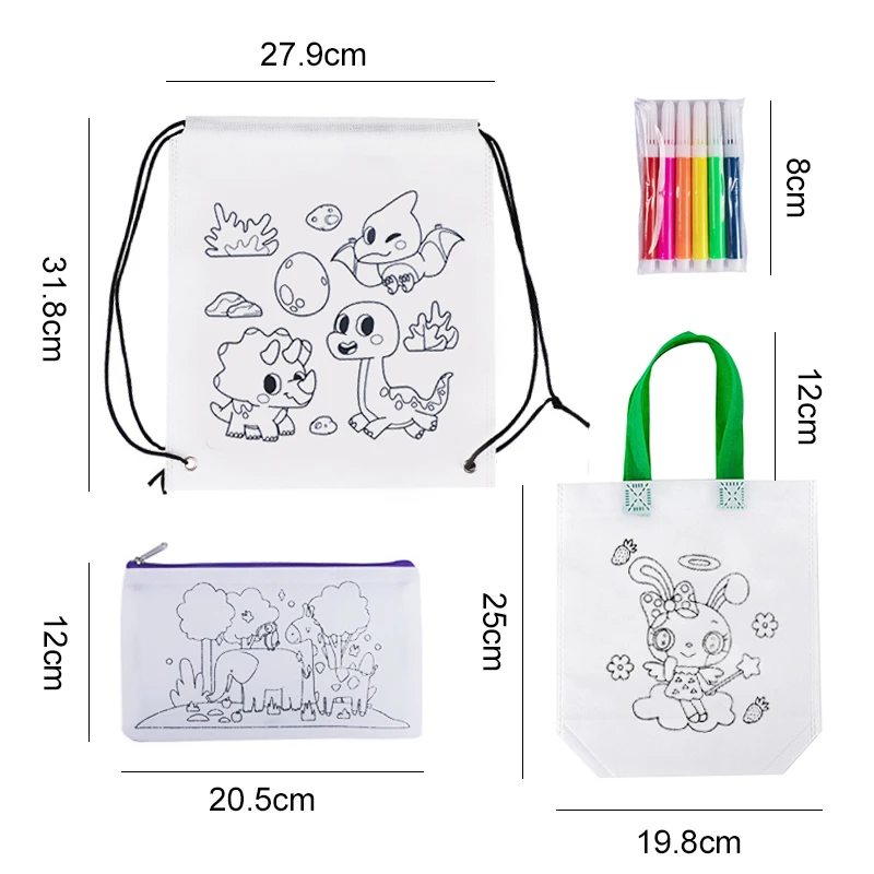 DIY Coloring Goodie Bags with Coloring Markers Party Gift Bags for Kids Toy Storage Bag Eco Non-Woven Fabric Drawstring Bags