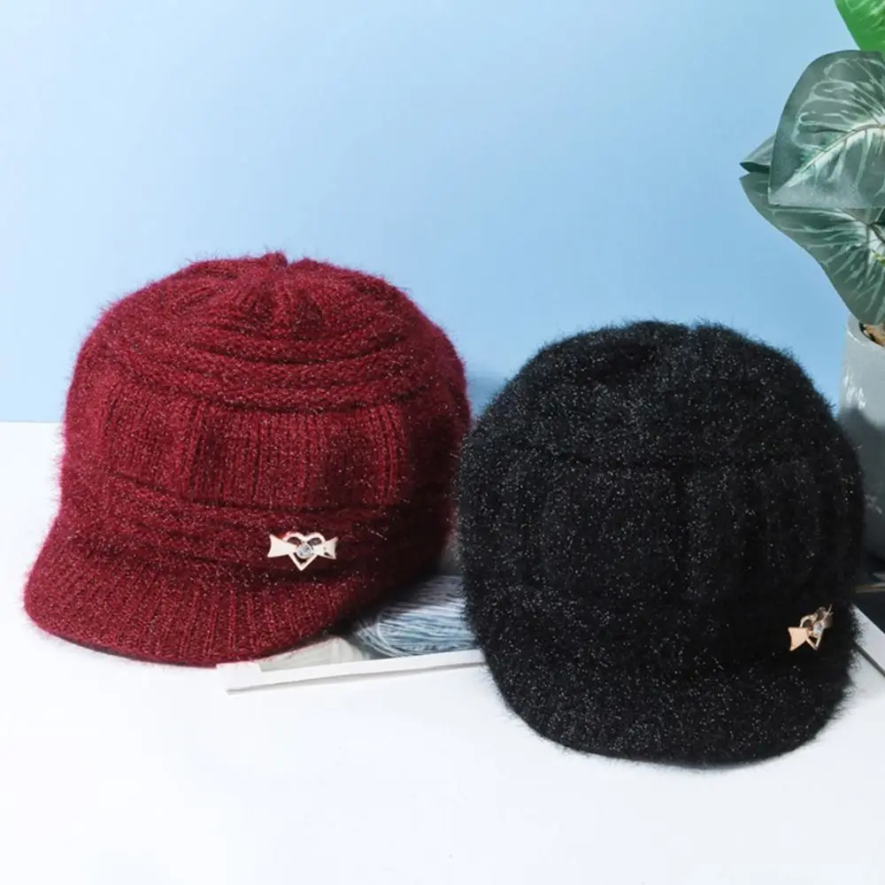 Women's Fashion Knitted Wool Hat Solid Color Windproof Plush Cap Winter Headwear Middle Aged