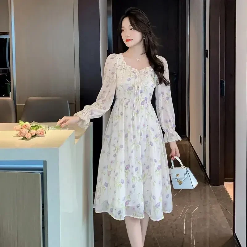 Midi Dresses for Women Chiffon Splicing Fashion Summer 2025 Woman Long Sleeve Dress Aesthetic Korean High Quality Luxury Loose X