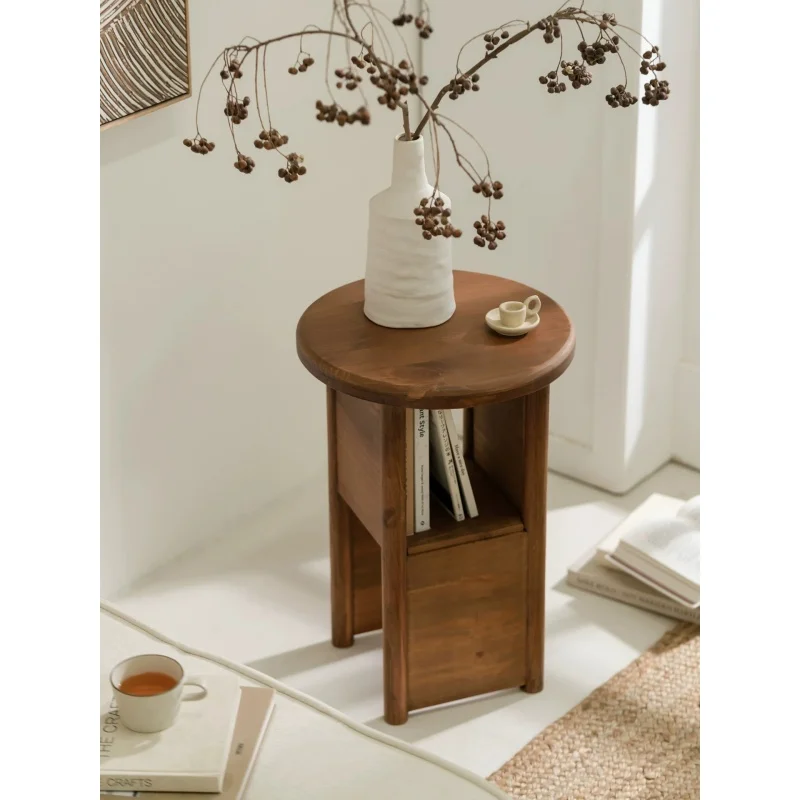 Retro solid wood side table, small coffee table, corner table, simple living room round table, multi-functional bedside table view 2