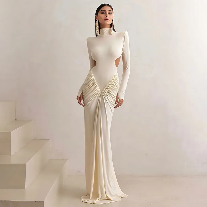 Women Backless Long Dress Turtleneck Evening Party Ruched Elegant Streetwear Maxi Shirring Sheath Dresses Straight Shoulder Wear