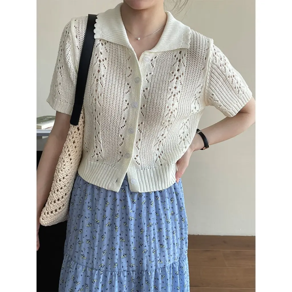 

Tao Chuan Women's Korean Style Knitted Top with Hollow Lapel Slimming Short-Sleeved All-Match Spring/Summer Fashion YL202