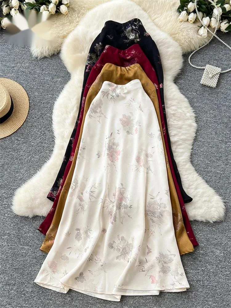 Senior Women Long Skirt Floral Gold Stamping Zipper Design Summer France Elegant Vintage Basics Satin A Line Skirt