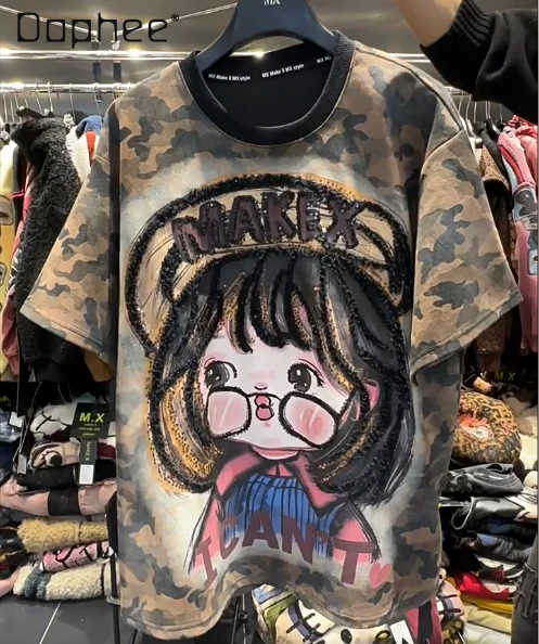 

Heavy Industry Cartoon Print Sequin Little Girl Short Sleeve T-Shirt Loose Casual Mid-Length Camouflage Top Oversized T Shirt
