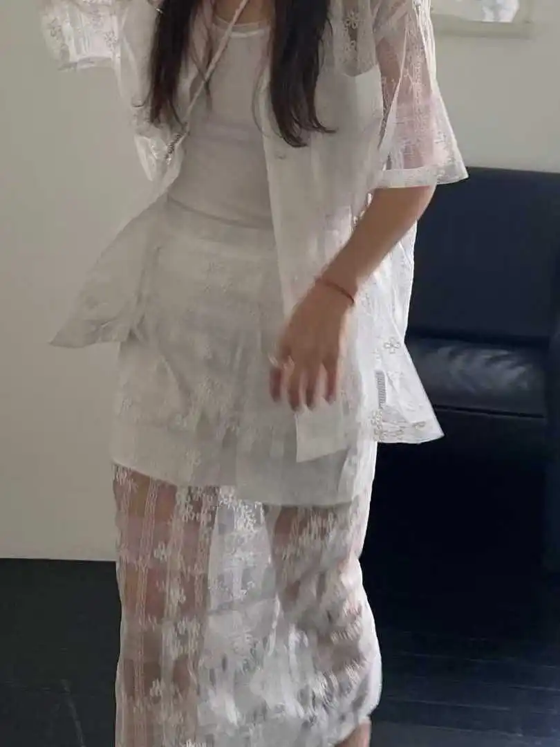 

Elegant Lace Embroidered Suit Jacket And Skirt Two Piece Set Women's Fashion Hollow out Design Long Dress Ensemble