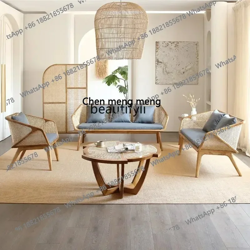 cn8617 LHY   Solid Wood Rattan Sofa Combination Retro Living Room White Wax Rattan Chair San Min Book Rattan Sofa