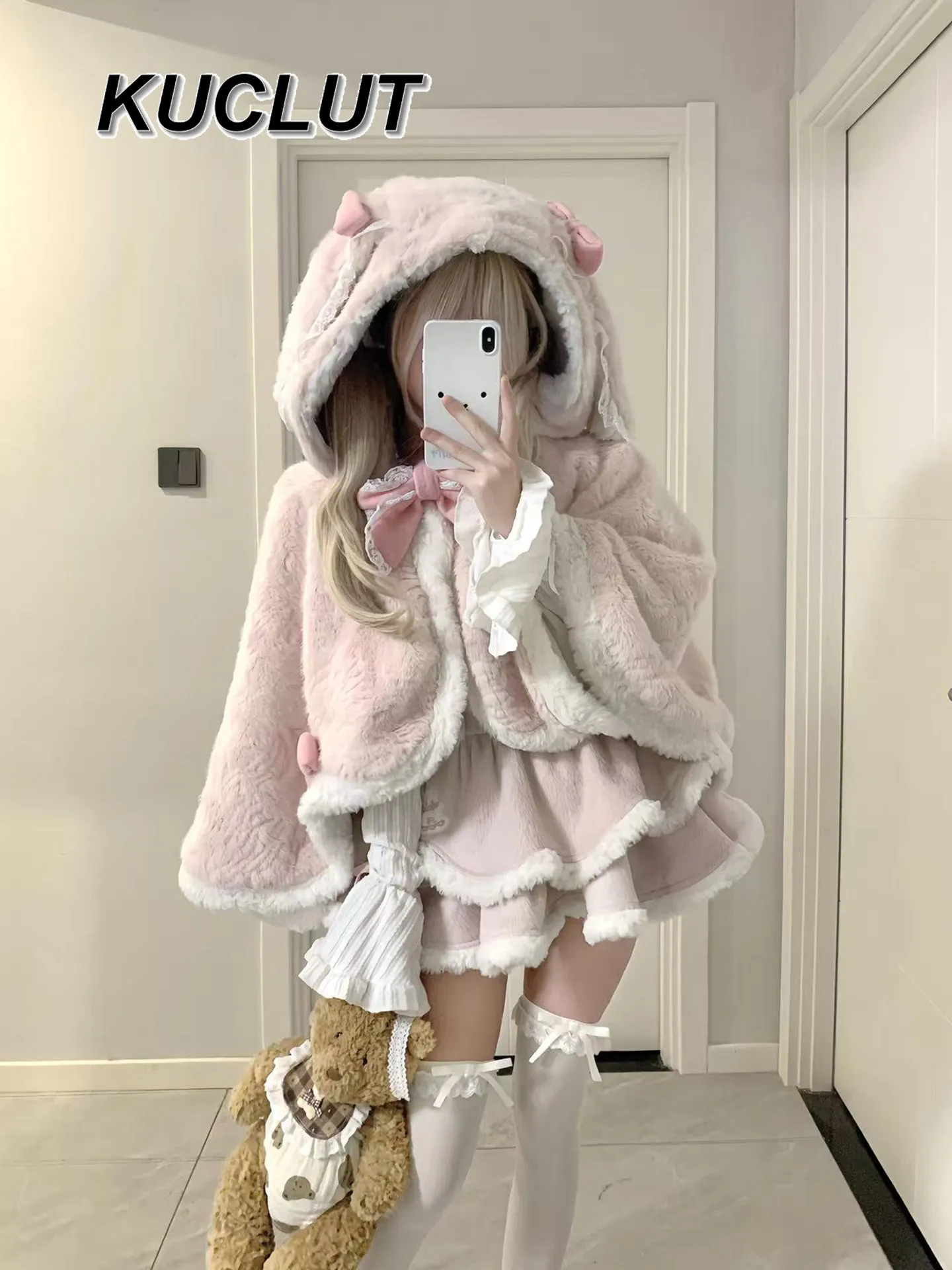 

Рождественские комплекты из трех предметов, розовая пушистая накидка с заячьими ушками, пальто с капюшоном, базовый слой, внутренняя одежда, рубашка, ремень, платье для торта, комплект для женщин