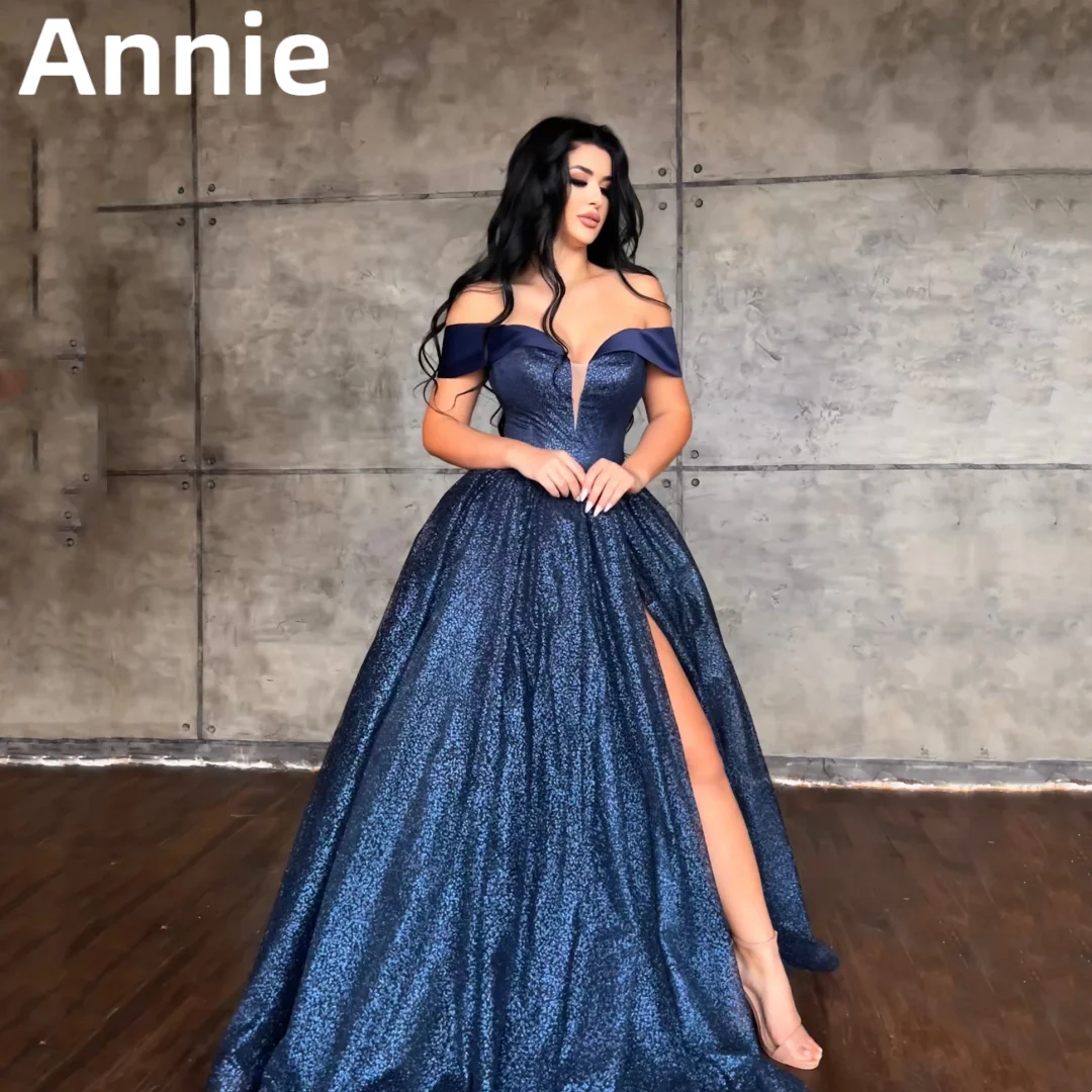 

Annie Dark Blue Glitter Prom Dress Vestidos De Noche Off-the-shoulder Side Slit Elegant A-line Formal Occasions Evening Dress