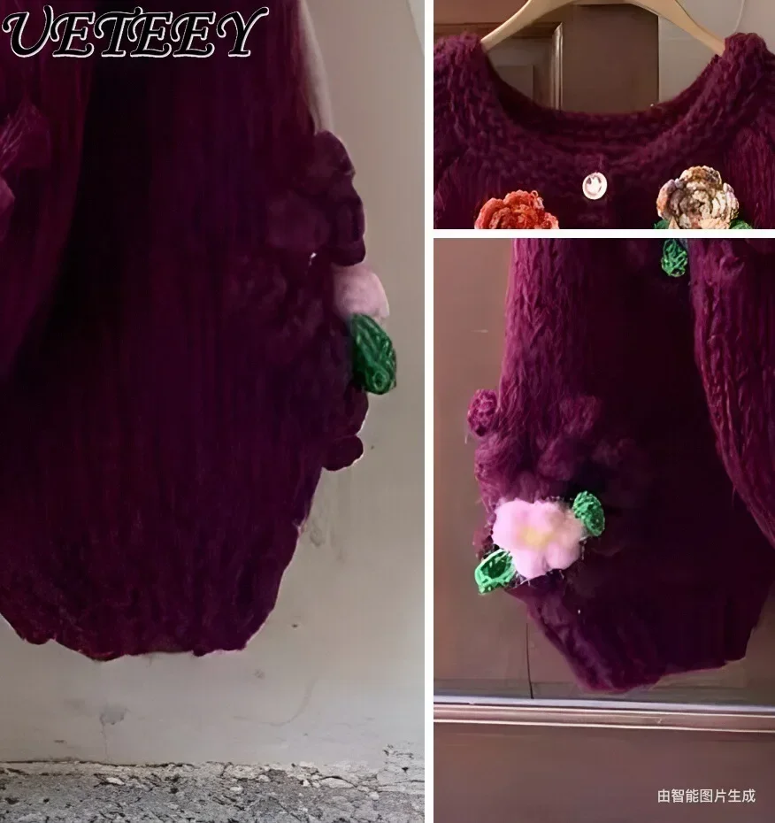 2025 Autumn Winter Thick Stick Needle Handmade Crochet Thickened Knitted Cardigan Sweet Flower Loose and Thin Sweater Jacket