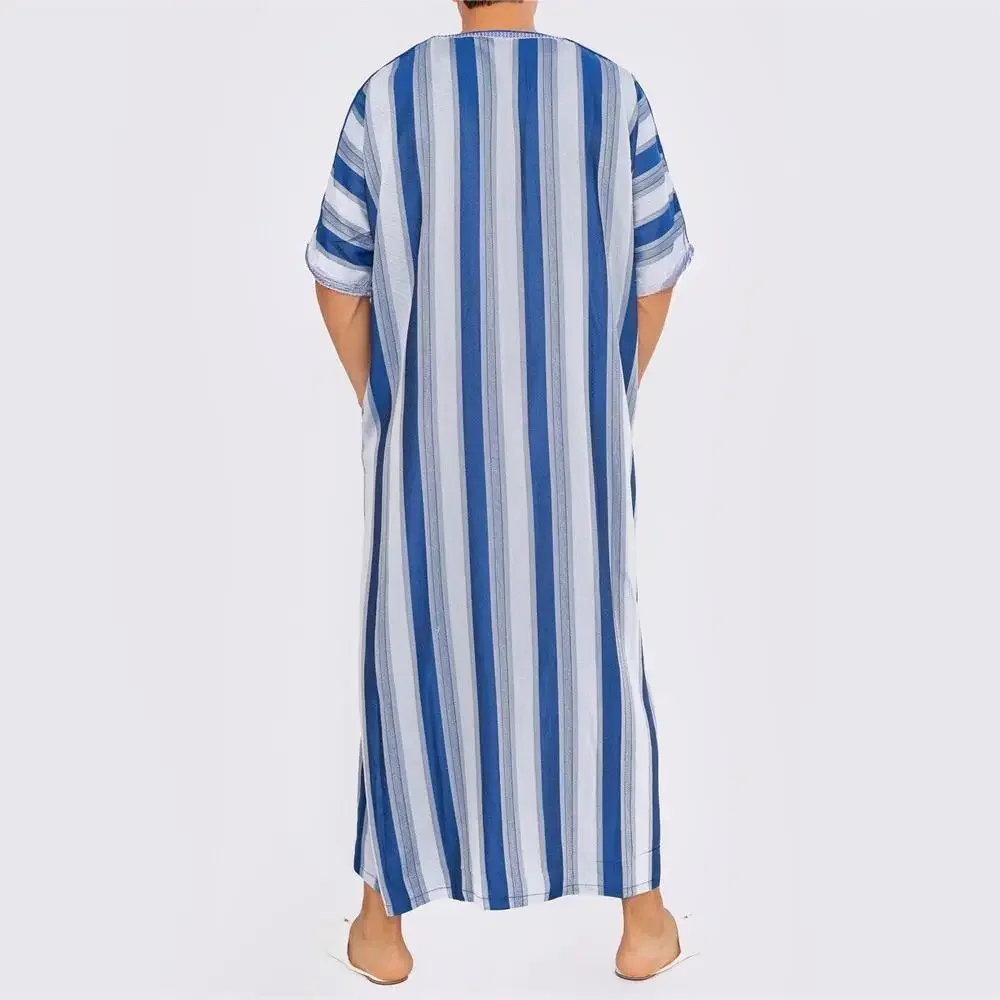 New Middle East Jubba Thobe Men Traditional Muslim Clothing Blue Stripe Male Saudi Arab Caftans Striped Kaftan Robe Arabic Abaya