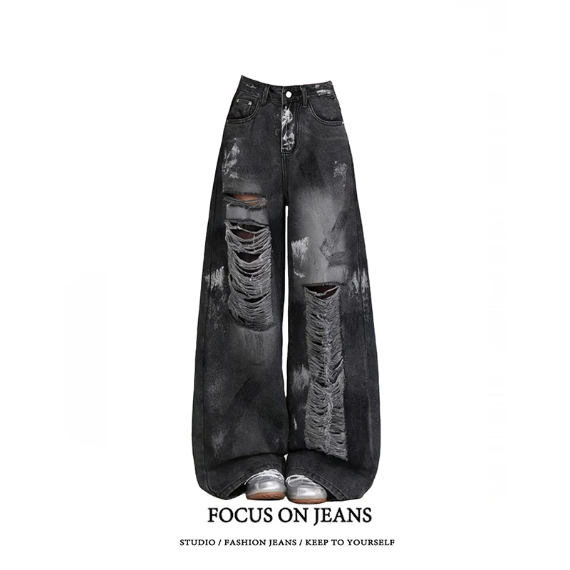 

ZHIZOU Summer Women Jean Baggy Wide Fit Ripped Denim Pants Grunge Punk Y2K Hole Japanese Harajuku 2000s American Retro Boyfriend