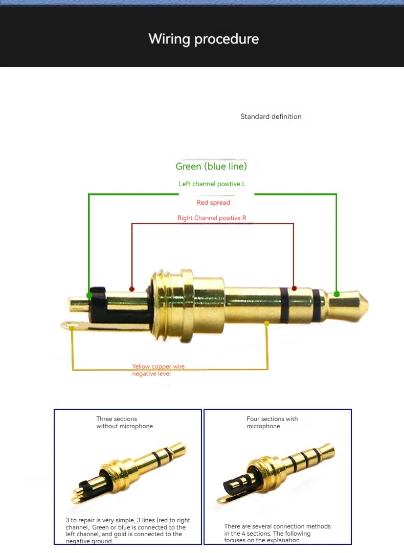 【5-1PCS】3/4 section 3.54mm headphone stereo jack welded male head AUX dual four-channel connector horn DIP audio cable adapter