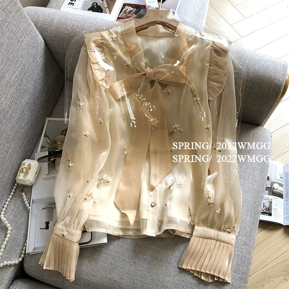 Women Loose Long Sleeve Organza Tops Casual Blouses Flower Embroidery Mesh Shirt Summer Elegant Blouse Slightly Transparent Top