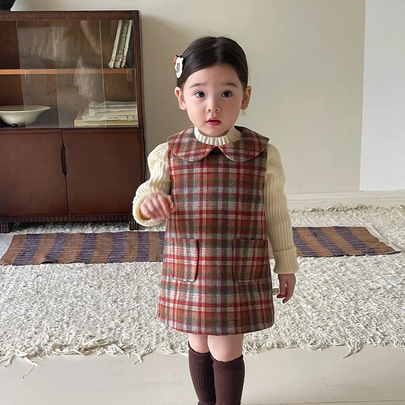 Cekcya Baby Girl Plaid Vintage Vest Dresses Girls Clothing Autumn Winter Sweet Dress 2024 Korean Birthday Holidays Clothes