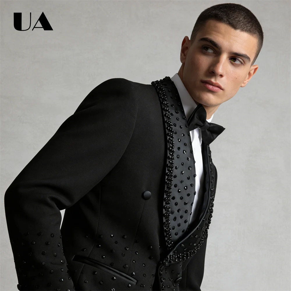 

Black Beads Formal Suit Set for Men, Shawl Collar Trendy Prom Suit Attire Slim Fitting Wedding Groom Suits Costume Performance