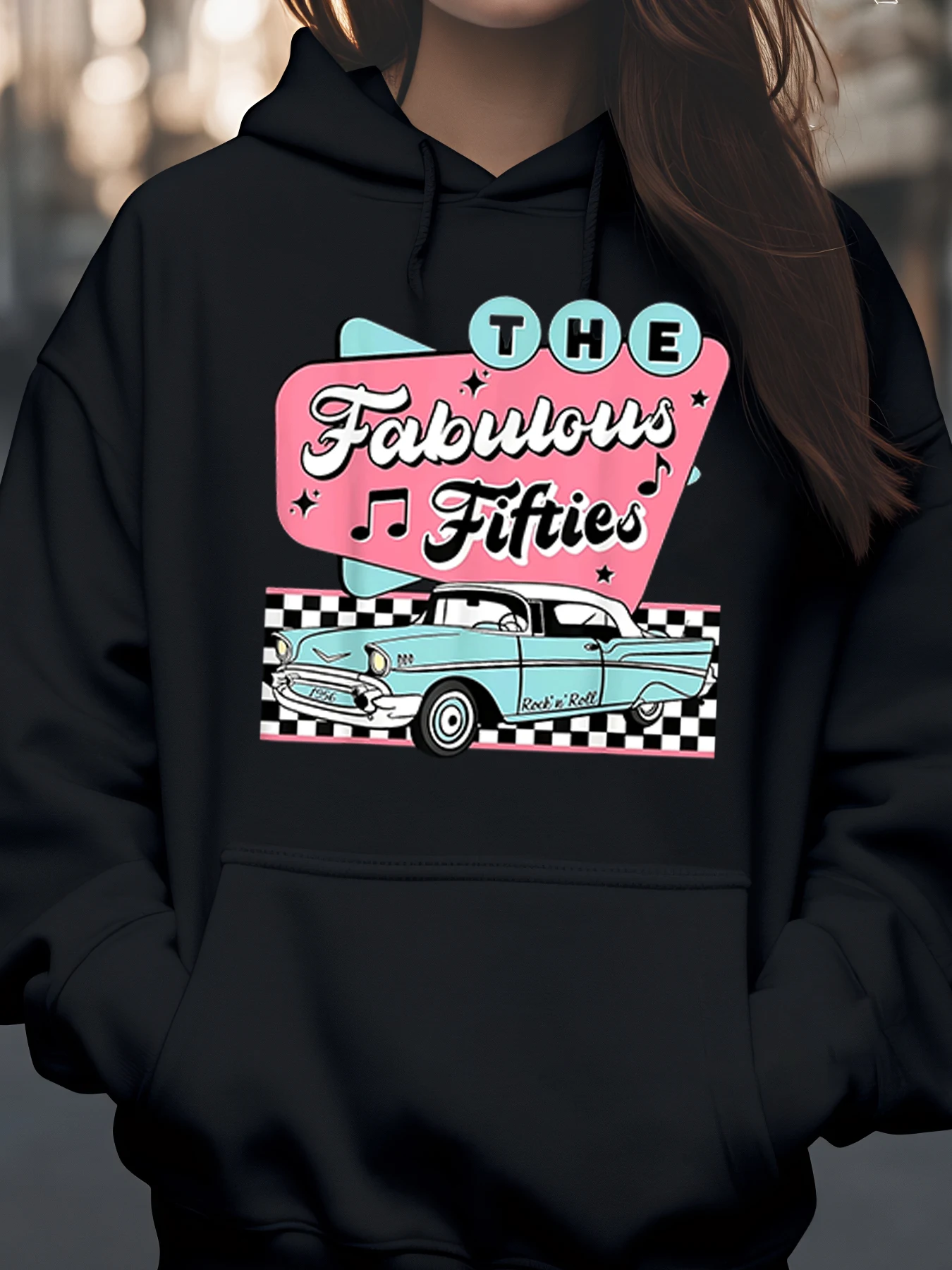 The Fabulous Fifties Sudadera con capucha con estampado de coche vintage Ropa de fiesta temática de los años 50 Sudadera informal para mujer
