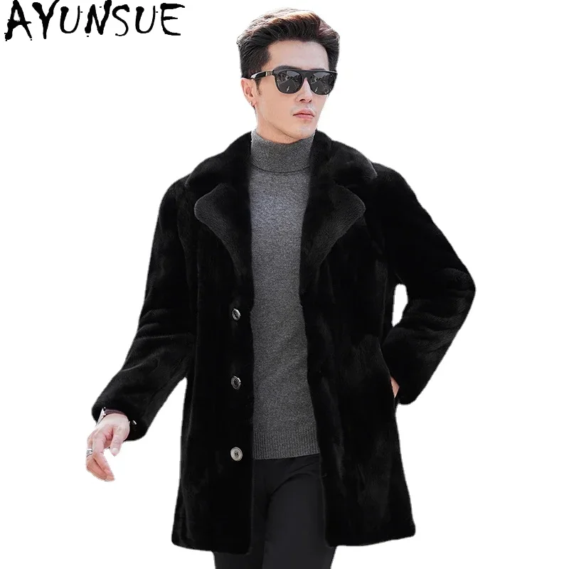 

AYUNSUE Высококачественная норковая куртка для мужчин, зимняя куртка средней длины из натурального норкового меха 2025, повседневная уличная одежда с воротником