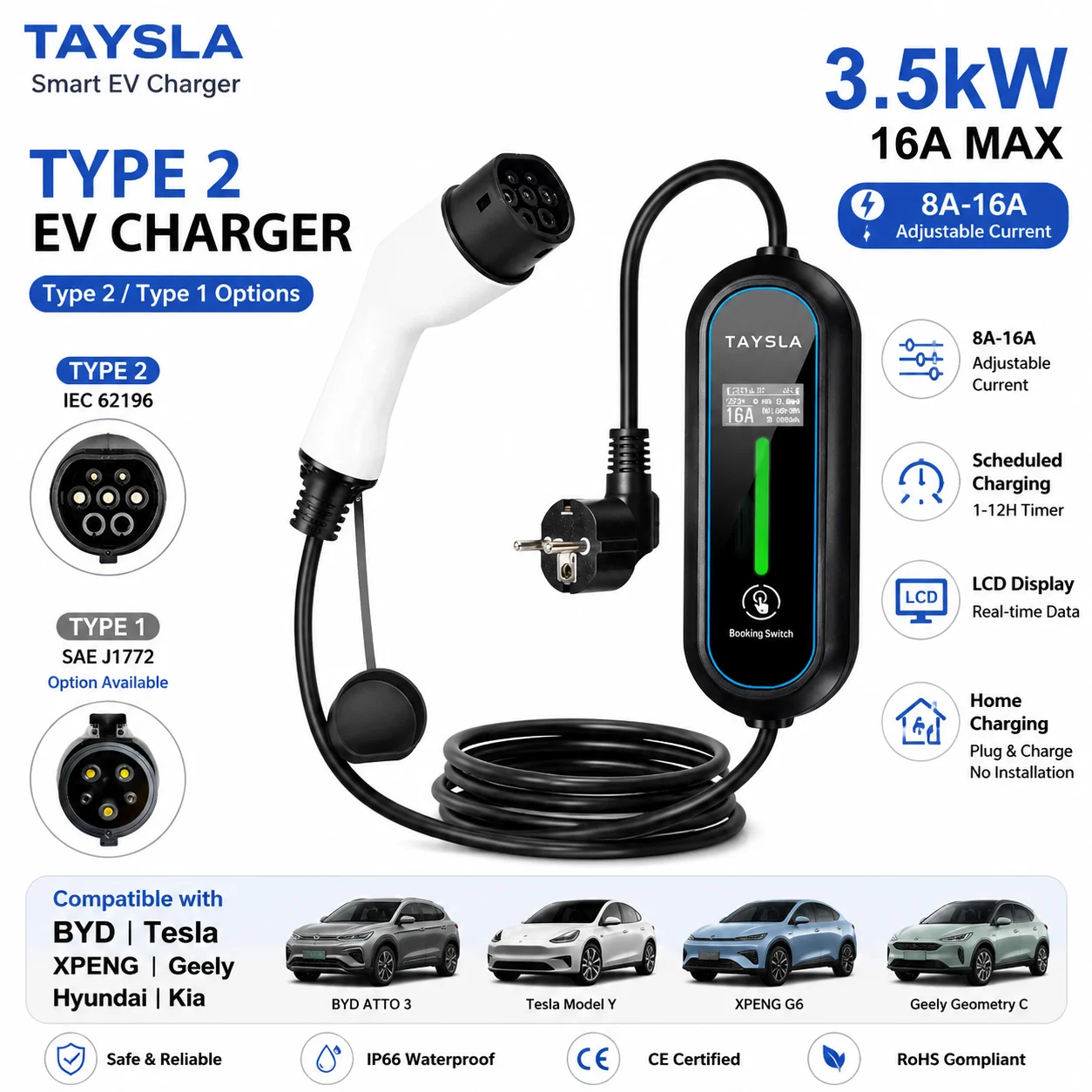 TAYSLA – chargeur EV Portable 3.5kW 16A TYPE 2 TYPE 1 J1772, câble de chargement avec prise ue, boîtier mural AC80V-260V pour toutes les voitures électriques 1