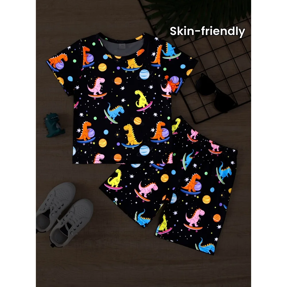 2 Stück für Jungen leuchtende bunte Dinosaurier drucken Kurzarm T-Shirt und Shorts Set bequeme