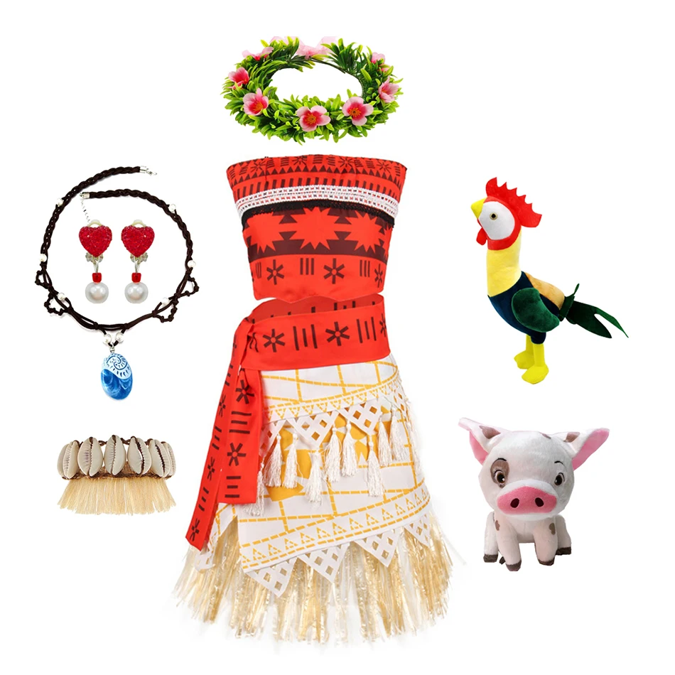 모아나 코스튬 원피스 디즈니 공주 역할극 의류, 어린이 투피스 만화 조끼, 원피스 소녀 축제 무도회 가운