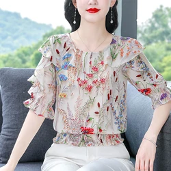 Korean Half Sleeve Ruffels Casual shirt Patchwork Floral Printed Tops 2024 New fashion Summer Women Chiffon Blouse