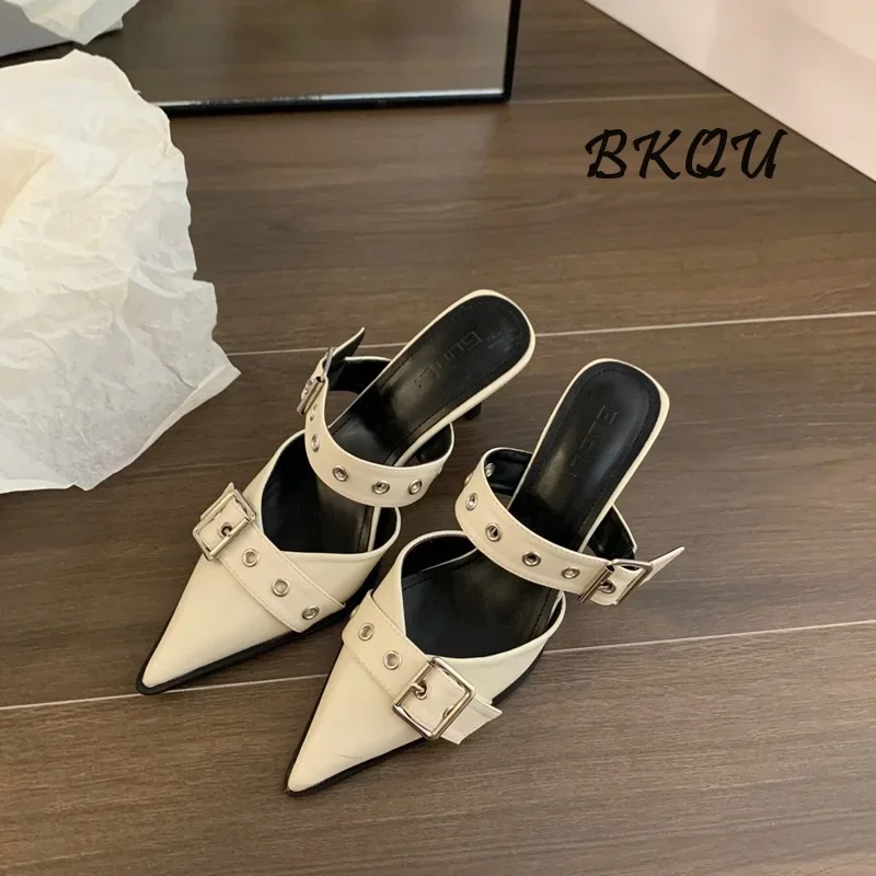 

BKQU 2024 New 9CM Retro Roman Style Pointed Toe Double Belt Buckle Heels for Women Punk Stiletto Sandals