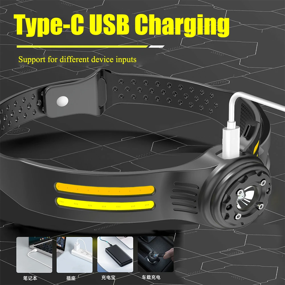 Most Powerful COB LED Headlamp USB Rechargeable 6 Modes Headlight IR Motion Sensor Head Lamp Waterproof Head Light Strong Light